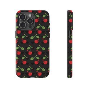 Cherry Checkerboard Squares - Shades of Black with Red Cherries - iPhone 14 and 15 - Cell Phone - Tough Cases
