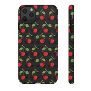 Cherry Checkerboard Squares - Shades of Black with Red Cherries - iPhone 8 X and 11 - Cell Phone - Tough Cases