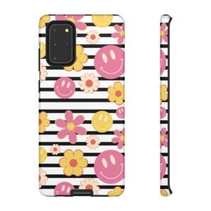 Black and White Stripes with Yellow and Pink Smileys and Retro Flowers - Samsung Galaxy S10 S20 S21 - Cell Phone - Tough Cases
