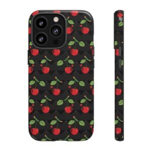Cherry Checkerboard Squares - Shades of Black with Red Cherries - iPhone 12 and 13 - Cell Phone - Tough Cases