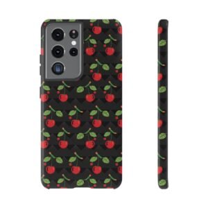 Cherry Checkerboard Squares - Shades of Black with Red Cherries - Samsung Galaxy S10 S20 S21 - Cell Phone - Tough Cases