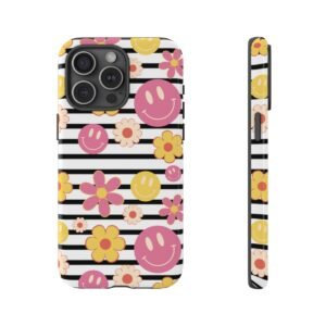 Black and White Stripes with Yellow and Pink Smileys and Retro Flowers  - iPhone 14 15 - Cell Phone - Tough Cases