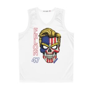 Felon 47 - Skull with Embedded American Flag - Donald Trump's Iconic Hair - Eyebrows - White- Basketball Jersey