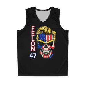 Felon 47 - Skull with Embedded American Flag - Donald Trump's Iconic Hair - Eyebrows - Black - Basketball Jersey