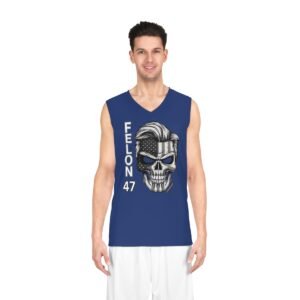 Felon 47 - Skull with American Flag - Grayscale - Donald Trump's Iconic Hair - Eyebrows - Blue - Basketball Jersey