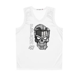 Felon 47 - Skull with American Flag - Grayscale - Donald Trump's Iconic Hair - Eyebrows - White- Basketball Jersey
