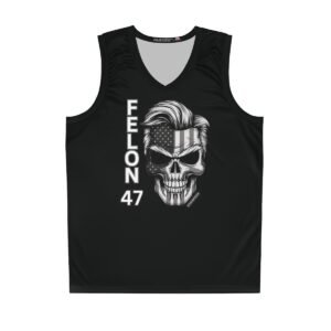 Felon 47 - Skull with American Flag - Grayscale - Donald Trump's Iconic Hair - Eyebrows - Black - Basketball Jersey