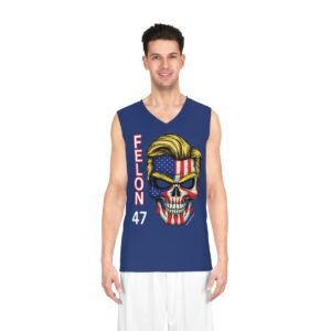 Felon 47 - Skull with Embedded American Flag - Donald Trump's Iconic Hair - Eyebrows - Blue - Basketball Jersey