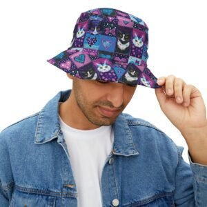 Hearts for Kitties - Pattern 101 - Blue Pink Purple - Cats - Biker Bucket Hat
