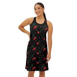 Cherries and Dots Pattern - Red on Black - Women's Racerback Dress