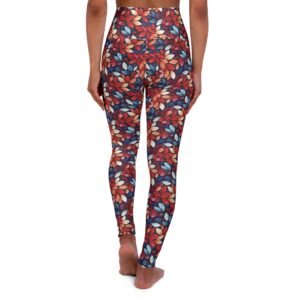 Shades of Red White Blue Leaves Design - High Waisted Yoga Leggings