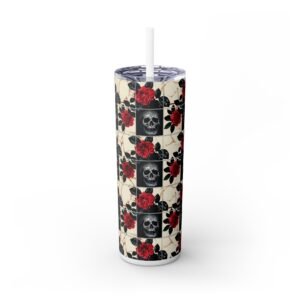 Tiled Skulls and Red Roses - Black Red White - Skinny Tumbler with Straw, 20oz