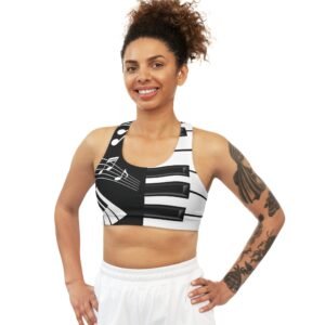 Musical Notes - Piano Keys - Black and White - Seamless Sports Bra