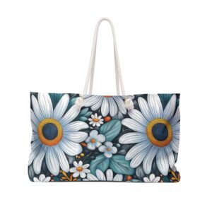 Aqua Daisies Pattern - Aqua and White on Black - Weekender Bag - Tote