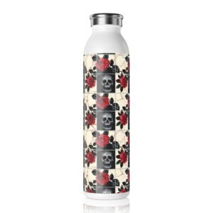 Tiled Skulls and Red Roses - Black Red White - Slim Water Bottle
