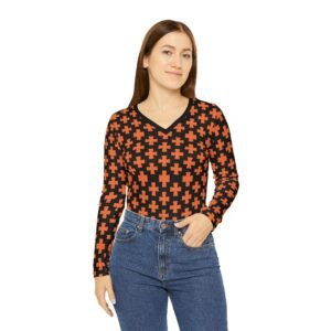Orange Maltese Crosses Pattern - Orange on Black - Women's Long Sleeve V-neck Shirt - Tee