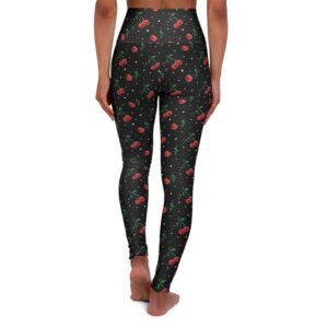 Cherries and Dots Pattern - Red on Black - High Waisted Yoga Leggings - Pants