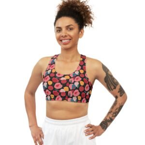 Pink Modern Stylized Roses Pattern - Pink Red Yellow on Black - Seamless Sports Bra