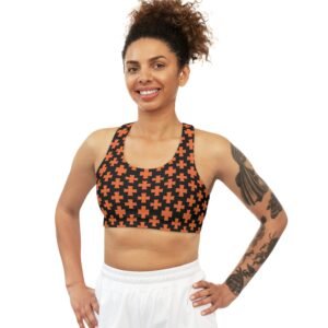 Orange Maltese Crosses Pattern - Orange on Black - Seamless Sports Bra