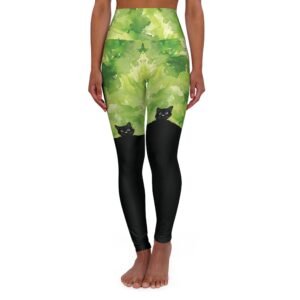 Green Watercolor Splash Pattern - Black Cat Peeping - High Waisted Yoga Leggings - Pants