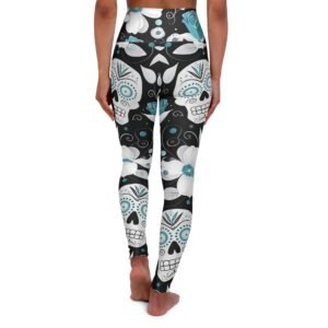 Sugar Skull - Roses Pattern - Aqua and White on Black - High Waisted Yoga Leggings - Pants