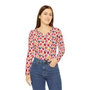 Pink Stylized Roses Pattern - Pink Red Yellow on White - Women's Long Sleeve V-neck Shirt - Tee