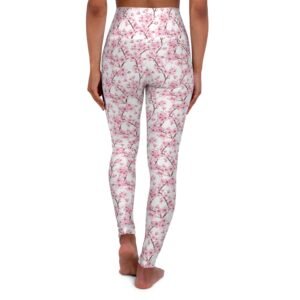 Pink Cherry Blossoms on White Background - High Waisted Yoga Leggings