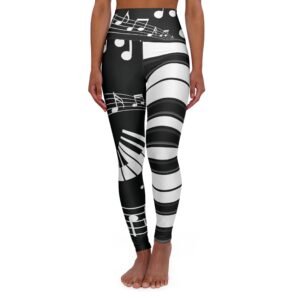 Piano Keys and Musical Notes - Black and White - High Waisted Yoga Leggings - Pants