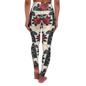 Tiled Skulls and Red Roses - Black Red White - High Waisted Yoga Leggings - Pants