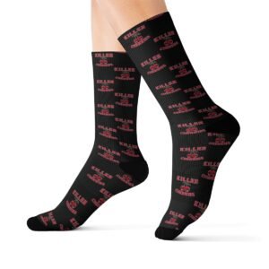 Killer Cherry Skulls Pattern - Text Killer Cherries - Red and Green on Black Socks - Footwear - Sublimation Socks