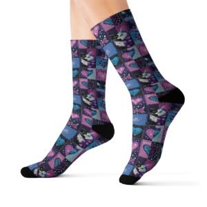Hearts for Kitties - Pattern 101 - Cats - Blue Pink Purple - Sublimation Socks