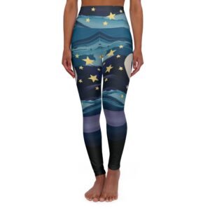 Moon and Stars - Hand Painted - Blue Purple Gold White Black - High Waisted Yoga Leggings - Pants