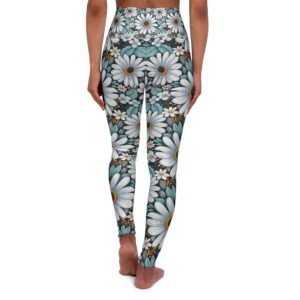 Aqua Daisies Pattern - Aqua and White on Black - High Waisted Yoga Leggings - Pants