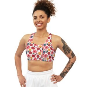 Pink Stylized Roses Pattern - Pink Red Yellow on White - Seamless Sports Bra