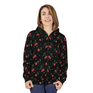 Cherries and Dots Pattern - Red on Black - Unisex Zip Hoodie