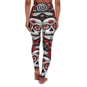 Sugar Skull - Roses Pattern - Red and White on Black - High Waisted Yoga Leggings - Pants