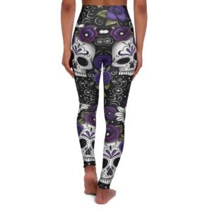Sugar Skull - Roses Pattern - Purple and White on Black - High Waisted Yoga Leggings - Pants