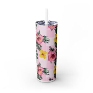 Hawaiian Hibiscus Flowers - Monstera Leaves - Tropical - Skinny Tumbler with Straw, 20oz