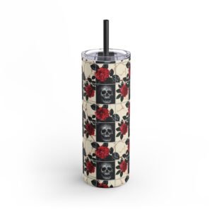Tiled Skulls and Red Roses - Black Red White - Maars Maker Skinny Matte Tumbler, 20oz