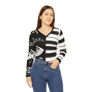 Musical Notes - Piano Keys - Black and White - Women's Long Sleeve V-neck Shirt - Tee