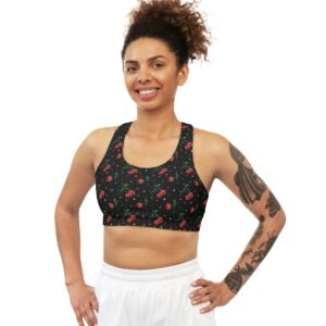 Cherries and Dots Pattern - Red on Black - Seamless Sports Bra