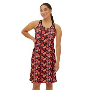 Pink Modern Stylized Roses Pattern - Pink Red Yellow on Black - Women's Racerback Dress