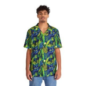 Cat Hiding in the Plants - Blues Greens Yellow - Multi Colors - Men's Hawaiian Shirt