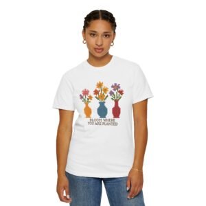 Unisex Garment-Dyed T-shirt - Comfort Colors 1717 - Bloom Where You Are Planted - Flower Vases - Cross Stitch Look