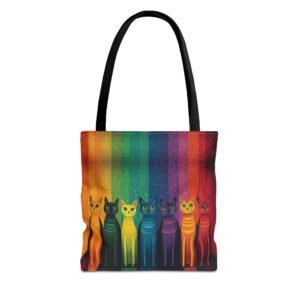 Tote Bag - Colorful Rainbow Funky Cats - Choice of Handle Color - Spring Summer Anytime