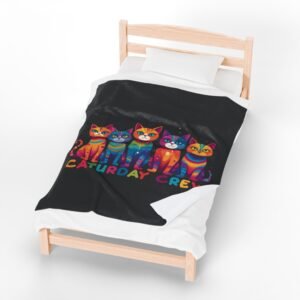 Velveteen Plush Blanket - Colorful Funky Cats - Caturday Crew - Black - Spring Summer Anytime