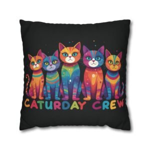 Square Pillowcase - Colorful Funky Cats - Caturday Crew Design - Black - For Cat Lovers