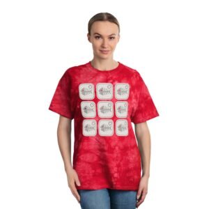 Crystal Tie-Dye Tee - Relaxed Style- 9 Sardine Skeleton Cans in a Grid - Leather and Stitch Patch Look.
