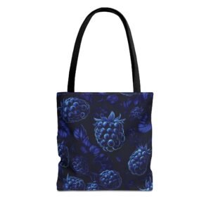 Tote Bag - Black and Blue Blackberry Fruit Pattern - Choice of Handle Color - Spring Summer Anytime