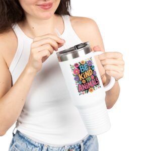 Insulated Travel Mug | 40oz Coffee Tumbler - Be Kind to Animals - Flowers and Paws